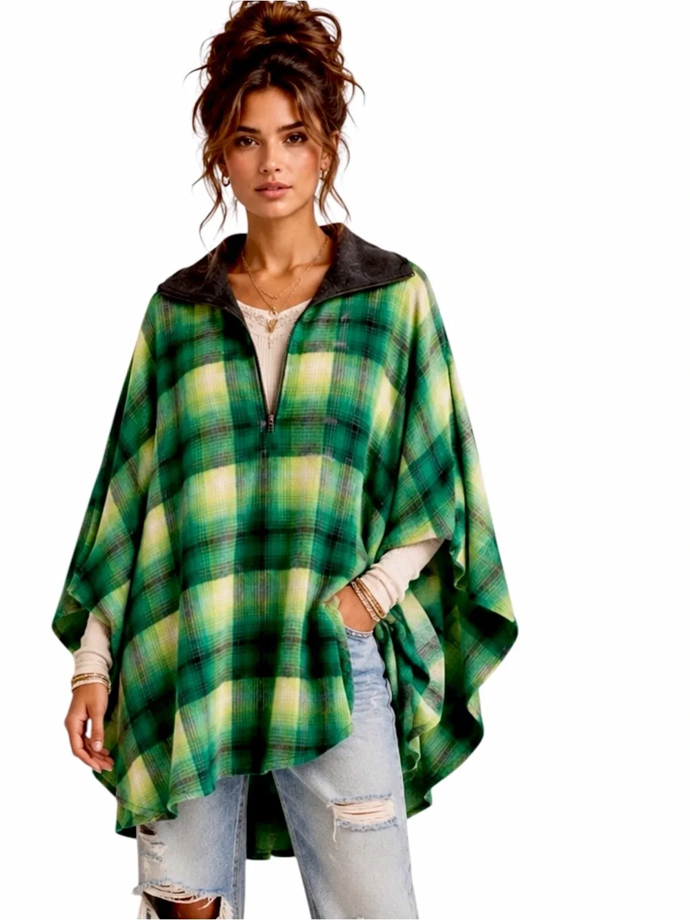 Free People – Woodstock Brushed Plaid Oversized Poncho – Green Black – Sz. OS